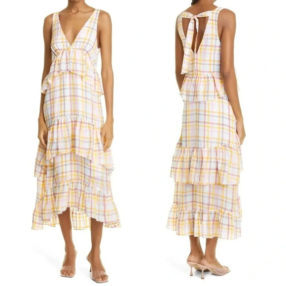 NWT Cinq a Sept Astor Plaid Gingham Midi Dress - Spring Summer Ruffled Tiered - Picture 1 of 8